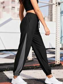 Women's Lightweight Quick-Dry Splice Color Block Sports Pants, Drawstring Waist Casual Trousers For Travel, Outdoor, Cycling, Workout, Running - Black - View 4