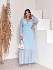 Women's Long Tulle Dress With Long Sleeves For Wedding Party - Màu xanh nhạt - Xem 6