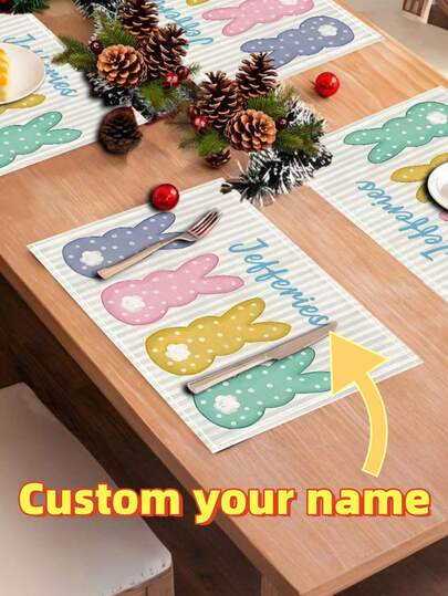 1 pieza Mantel individual personalizable con tema de Pascua, mantel individual con nombre, mantel individual laminado, mantel individual fácil de limpiar, estampado de conejo lindo de 32*42cm, adecuado para cocina, comedor, sala de estar, regalo ideal para familia y amigos, impresión plana 2D