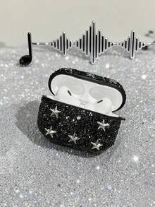 1个纯色全钻星形PC材质蓝牙耳机保护硬壳，兼容苹果1/2/3/4/Pro/Pro2，闪亮水钻奢华风格 - 黑色 - 查看 2