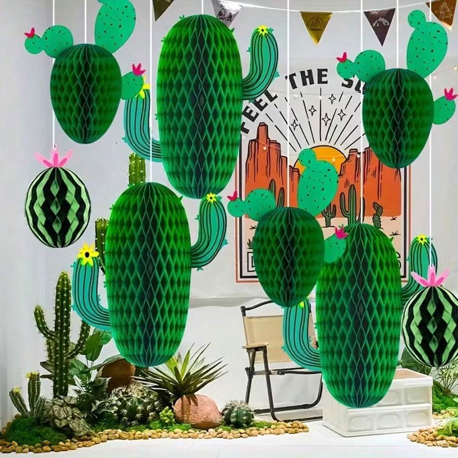 1套/3件，绿色主题纸质仙人掌创意蜂窝球吊坠，非常适合生日派对主题套装 - 彩色 - 查看 1