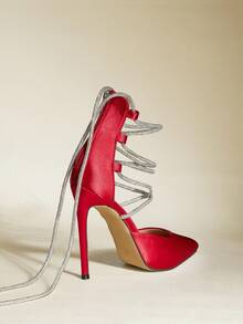 Women's Pointed Toe Stiletto Heels With Hollow Out, Zipper Back, Rhinestone Strap Design, Sexy & Fashionable Red High Heels For Party Wear - Red - View 3
