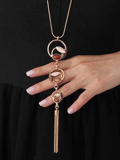 1pc Fashion Bohemian Simple Geometric Long Chain Tassel Pendant Necklace For Woman Accessories Suitable For Daily Gatherings, Festivals, Music Festivals, Birthdays, Vacations, Jewelry Gifts