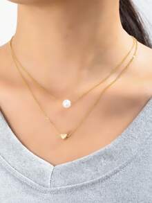 1pc Fashionable Minimalist Double-Layer Heart Pendant Necklace With Faux Pearl Pendant For Women - Gold - View 4