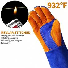 Leather MIG Welding Gloves - Heat Fire Resistant For Welding/Grilling/BBQ/Fireplace(Black/Brown/Blue),Blue - Blue - 查看 3