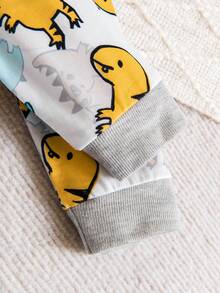 3pcs Baby Boy Dinosaur Print Colorblock Romper + Hat + Mittens Cute Set - Light Grey - View 7