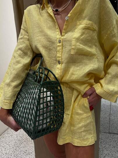 Conjunto de 2 piezas de Camisa de manga larga con botones brillantes y bolsillo delantero + Pantalones cortos sueltos, de mujer, estilo casual y elegante, color amarillo, adecuado para uso diario/vacaciones/viajes