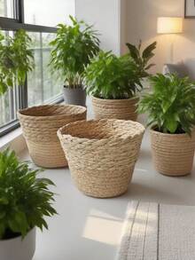 1/3pcs Nordic Style Natural Seagrass Woven Planter Basket, Flower Pot, Plant Container, Home Decor (Actual Size May Vary Slightly) - Multicolor - View 8