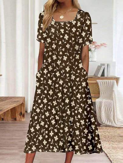 春夏新款休闲碎花方领口袋设计宽松舒适连衣裙，百搭实用，适合日常穿着、户外、居家、旅行、工作、婚礼、派对、海滩等场合。