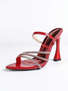 Jin Bei Qi 女士高跟鞋，圆头，纯色漆皮，多带镶钻，踝带，露趾，套脚式，户外派对，细高跟，独特鞋跟造型，时尚优雅魅力派对宴会浪漫闪亮红色高跟鞋 - 紅色 - 查看 8