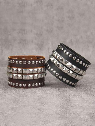 男士朋克摇滚铆钉皮手链，可调节腕带，适合舞台表演、派对、礼品等场合。