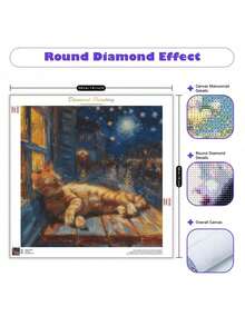 1/2pcs 5D DIY Diamond Painting Kit - Sleeping Cat, Round Diamond Art Embroidery Canvas Wall Decor, Frameless Full Drill Craft, Perfect Gift, 30x40cm/12x16in - Multicolor - View 3