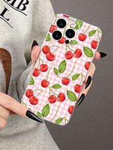 1pc Plaid Cherry 2D Pattern Fashionable Soft Silicone Phone Case, Classic Versatile Creative Style, Suitable As Birthday, Christmas, New Year, Holiday Gift For Friends, Family, Couples, Transparent Soft Touch Full Protection Anti-Dust Anti-Water, Compatible With IPhone 17/16/15/14/13/12/11/7/8/Pro/ProMax/PLUS/X/XR/XS/XSMAX/SE3/SE2 And S/A Series - Clear - View 3
