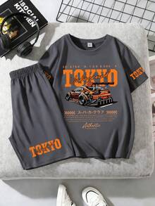 Set de 2 piezas Conjunto de ropa de niño con estampado de dibujos animados, de tela cómoda, con estilo de fiesta de verano - Gris - Ver 1