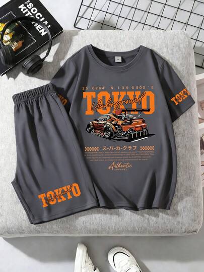 Set de 2 piezas Conjunto de ropa de niño con estampado de dibujos animados, de tela cómoda, con estilo de fiesta de verano