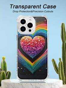 1PC Funda transparente con diseño de corazón arcoíris y detalles brillantes, estilo colorido y romántico, protección contra caídas, ideal para parejas y mujeres con estilo vibrante, regalo perfecto para fiestas : funda transparente resistente a golpes, compatible con Apple Phone17/16/15/14/13/12/11/XS/XR/X/PLUS/PRO/PROMAX, agarre cómodo, regalo ideal para amigos, novia, novio, familia - transparente - Ver 1