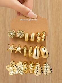 6/18pcs Fashionable Minimalist CCB Material Earring Set. Starfish, Flower, Geometric Designs. Suitable For Women's Daily, Evening, Party, Travel, Beach, Holiday Wear. Great Gift For Girlfriends, Family, Couples, Friends, Mothers, Holiday Presents - Gold - View 6