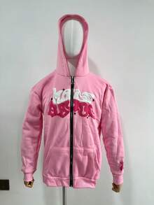 Y2K Retro Star And Letter Printed Zipper Hoodies,Spring Autumn Harajuku Y2K Women And Men Fashion Hip Hop Long Sleeve Hooded ,Avant-Garde - Street Casual Spring/Fall Loose Zipper Pocket Patched,Autumn And Winter Gothic Coat - 粉色 - 查看 2