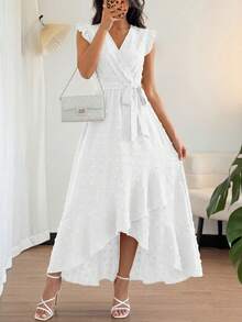 Women Summer Maxi Dress Swiss Dot V Neck Ruffle Cap Sleeve Tie Waist Wrap Ruffle Split Hem Long Dress Bohemia Boho Beach Holiday Vacation Valentine Flowy Long Midi Dress Outfits - 白色 - 查看 1
