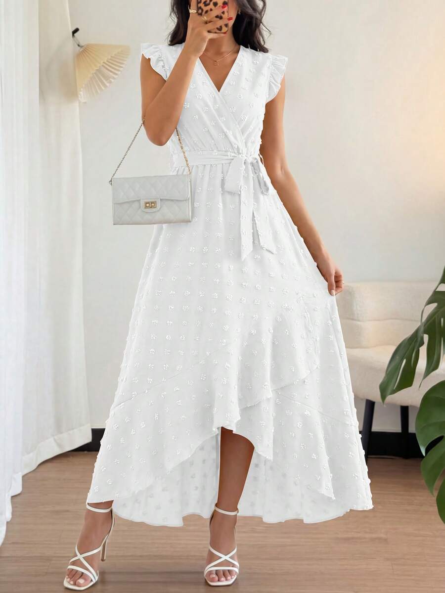 Women Summer Maxi Dress Swiss Dot V Neck Ruffle Cap Sleeve Tie Waist Wrap Ruffle Split Hem Long Dress Bohemia Boho Beach Holiday Vacation Valentine Flowy Long Midi Dress Outfits - 白色 - 查看 1
