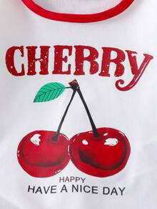 2pcs Baby Girl Set: Cherry Print Short Sleeve T-Shirt Top And Cherry Embroidered Pleated Denim Mini Skirt - White - View 5