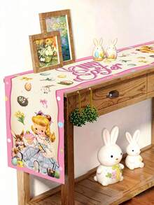 1pc Happy Easter Vintage Cartoon Girl Rabbit Egg Decorative Table Runner, Party Decoration Table Runner, Holiday Gathering Atmosphere Decor - Multicolor - View 7