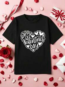 Camiseta de San Valentín con motivo de corazón, tejido de alta calidad, cuello redondo, corte holgado, cómoda, estampado artístico. - Negro - Ver 2