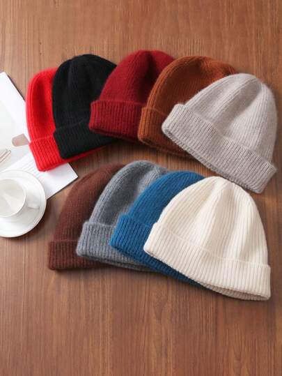 1pc Unisex Autumn/Winter Solid Color Vertical Striped Retro Knit Beanie Hat, Thick Warm, Large Head Circumference, Versatile