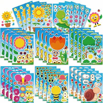 8/16pcs Kids Cartoon Insect, Animal & Plant Stickers, DIY Dress Up Stickers For Holiday Party Gift Bags, Filler Toys, Student Craft, Birthday Gifts