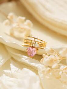 1PC Cute And Fashionable Pearl Pink And Red Zirconia Heart-Shaped Stainless Steel Open Adjustable Gold Ring, Perfect For Girls' Daily Wear, Parties, And As A Delicate Jewelry Gift.