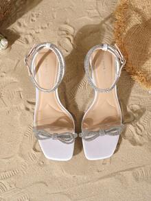On feet& in love Women's Fashionable & Elegant New Bow Knot Rhinestone Strap Open Toe High Heel Sandals, Versatile For Dresses In Summer - White - View 6
