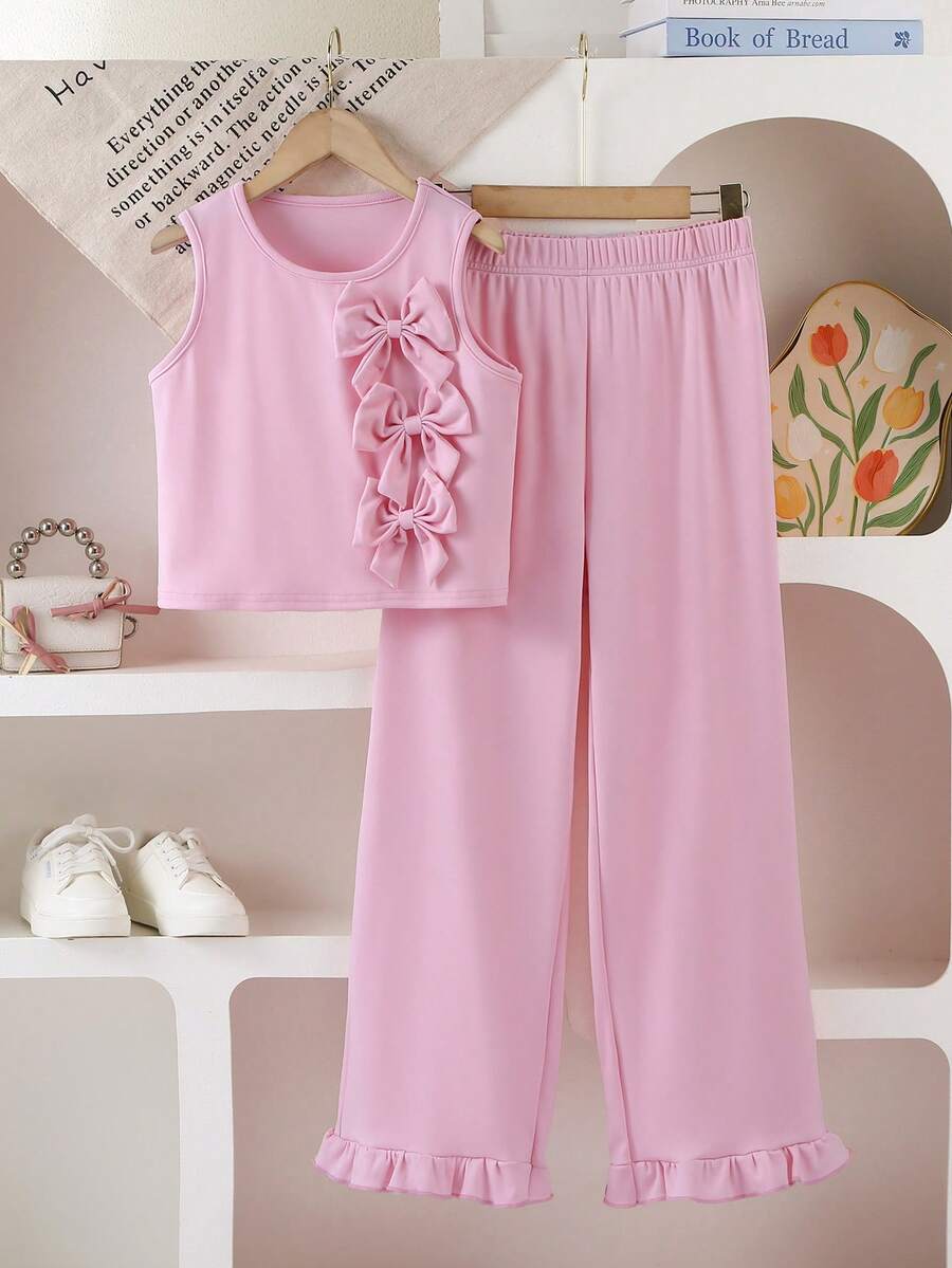 2pcs/Set Tween Girl Outdoor Casual Sweet Style Pink Sleeveless Bow Tie Top And Cute Princess Ruffled Wide Leg Pants - Pink - View 1