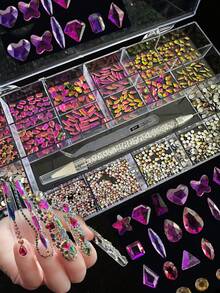 KIRAME 21 Compartments DIY Nail Art K9 Glass Colored Flat Bottom Rhinestone Set - 30pcs High Gloss Rhinestones Per Style, Includes 1 Dotting Pen And 1 Tweezer, Nail Gems, Nail Salon, Home Manicure, Nail Art Supplies, Christmas, New Year, Valentine's Day Nail Art, Holiday Gift, Suitable For Crafts, Clothing, Textiles, Shoes, Glassware, Jewelry Making - Multi-Size Sparkling Decorations Nails - 彩色 - 查看 4