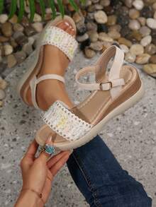 1 Paar Damen Sandalen mit dicker Sohle, modisch neue vielseitige Lässig Beach Römersandalen, Große Größen, Einfarbig, Strand, Zuhause - Beige - Übersicht 1