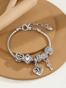 送给女朋友的礼物：银色爱心钥匙吊坠串珠手链，时尚DIY浪漫手链，生日情人节礼物 - 彩色 - 查看 6