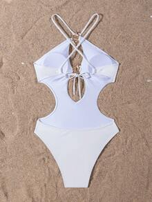 Backless Halter One-Piece Swimsuit, Suitable For Beach & Vacation - White - View 2