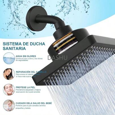 Shower Head Water Filter,Juego de Cabezal de Ducha con Filtro de Alta Presión, 6 Pulgadas Regaderas para Baño Cuadrado con Filtro de Ducha Agua, para Elimina Cloro/Impurezas y Sustancias Nocivas, Negro mate