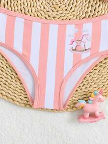 小女孩卡通马条纹印花两件式泳衣，女童比基尼，沙滩度假泳装 - 彩色 - 查看 6