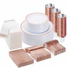 700PCS Gold Disposable Dinnerware Set Guests, Plastic Plates Party, Wedding, Include: 200 Plastic Plates, Gold Silverware, Cups, Napkins - 50 Khách + Vàng Hồng - Xem 1