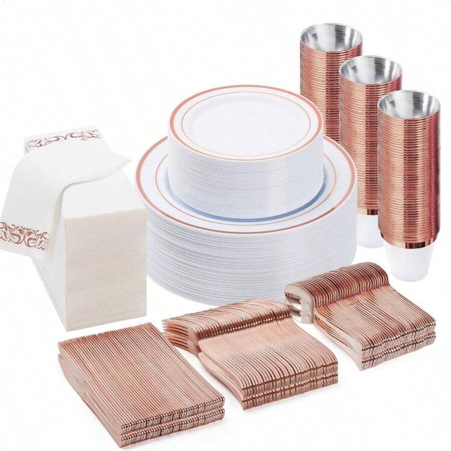 700PCS Gold Disposable Dinnerware Set Guests, Plastic Plates Party, Wedding, Include: 200 Plastic Plates, Gold Silverware, Cups, Napkins - 50 Khách + Vàng Hồng - Xem 1
