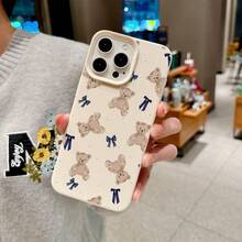 1pc Classic Teddy Bear Bow Knot Litchi Texture TPU Protective Case, Compatible With Apple 17 16 15 14 13 12 11 Plus Pro Max Series, Personalized Ins Style Protective Cover, Minimalist TPU Anti-Drop Fashion Protective Case, High Aesthetic Design, Birthday Gift, Holiday Gift - Beige - View 3