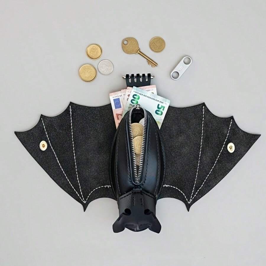 Handmade Gothic Style Bat Wing Coin Purse - Hand-Sewn Bat Wallet With Zipper Coin Pouch And Keychain Suitable For Bags And Belts - Fashion Accessory For Men Wallet Mini Wallet Purse Wallet Small Wallet Coin Wallet - Black - View 1