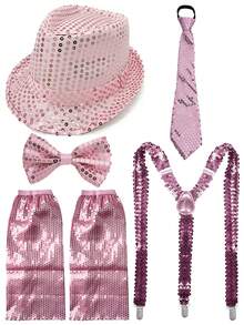 5件套 Forever & Moment 70年代成人角色扮演服装配饰套装，男女皆宜，包括亮片帽、领结、领带、吊带、腿套 - 适用于演唱会服装、迪斯科主题派对、经典流行巨星角色扮演舞蹈表演、情人节服装