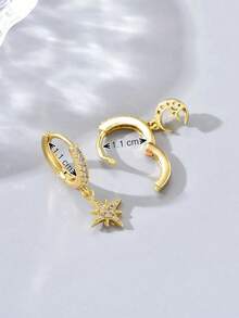 Cubic Zirconia Star & Moon Mismatched Drop Earrings - Yellow Gold - View 3