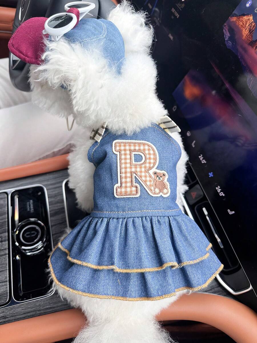 PETCIRCLE 2件套宠物服装,狗狗猫咪套装,小型犬幼犬服装,可爱舒适的连衣裙,带有字母熊装饰和白色时尚眼镜帽 - 彩色 - 查看 1
