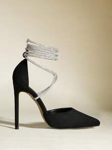Sepatu hak tinggi wanita model stiletto dengan ujung runcing, desain slip-on, detail berlian imitasi, tali, warna hitam, seksi dan modis untuk pesta. - Hitam - View 8