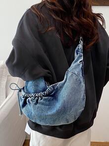 Túi đeo vai vải bố màu xanh lam kiểu Nhật Bản, túi đeo chéo thời trang có khóa kéo và nơ xếp ly, túi xách gấp gọn hình lưỡi liềm thích hợp đi học/đi làm/đi làm hàng ngày. - Nhiều màu - Xem 5