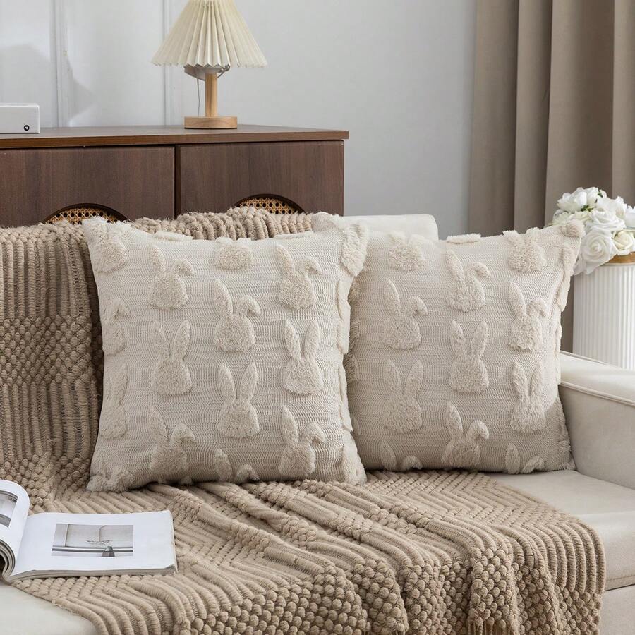 2pcs Quilted Embroidered Plush Pillow Covers, Easter Style Square Cushion Covers For Home Decor, Living Room, Bedroom, Sofa, Suitable For All Seasons - Beige - View 1