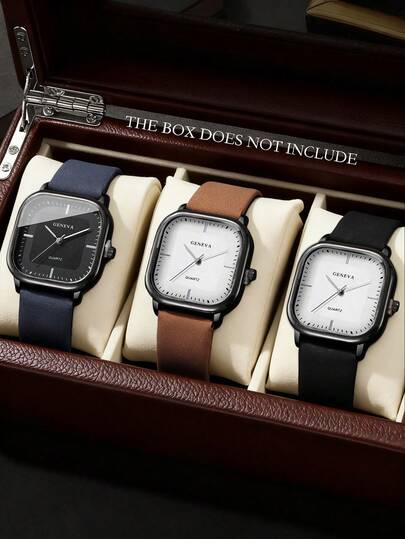 3pcs Minimalist Casual Men's Quartz Watches, Men's Accessories With Blue / Brown / Black Multi-Color Leather Straps And Square Dials. This Set Of Quartz Watches Features Black Frames With Simple Black Or White Marked Square Dials And Is Compatible With Blue, Brown, And Black Leather Straps.