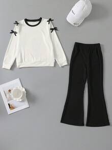 Girls' Bowknot Ribbon Design Long Sleeve Top And Slim Fit Solid Color Pants 2 Pieces Set, Sweet & Cute, Suitable For Spring & Autumn - White - View 7